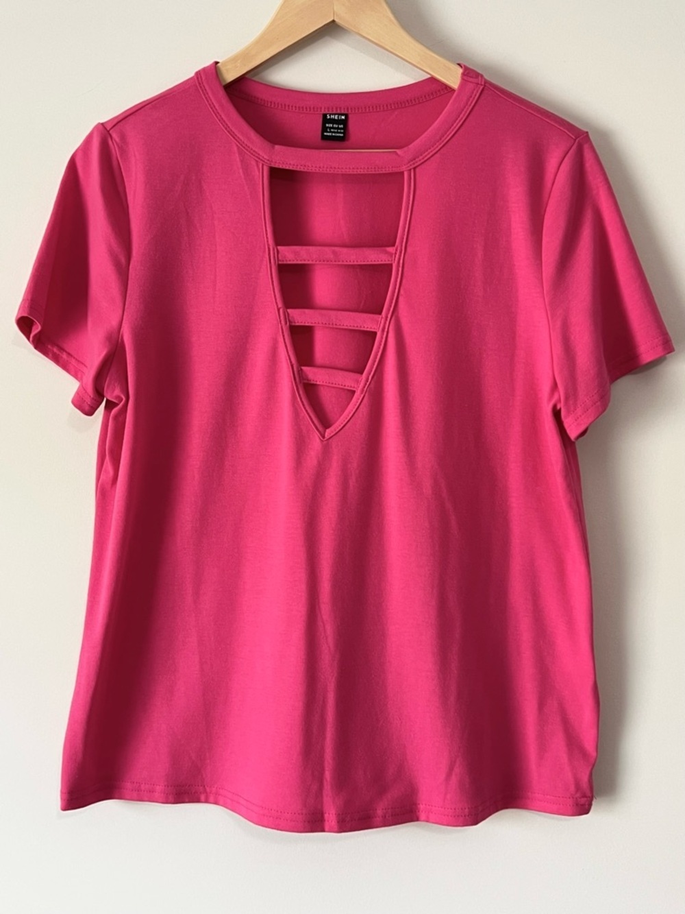 SHEIN Bright Pink Short Sleeve Ladder Cutout Tee